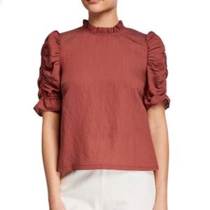Moon River Puff Sleeve Ruffle Trim Top-M